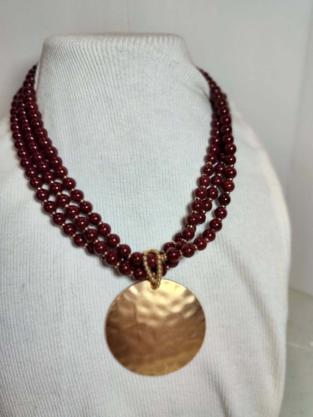 Statement Multi-Strand Burgundy Bead Necklace with Hammered Gold Pendant